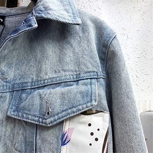 BoxJCNMU Chaqueta Corta de Retazos Estampada de otoño Chaqueta Corta de Mezclilla Chaqueta de Mezclilla con Personalidad para Mujer Abrigo de Estudiante Blue L