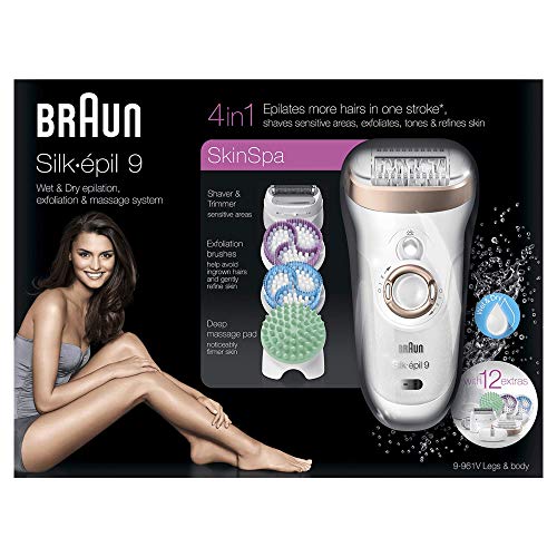 Braun Silk-épil 9 SkinSpa Depiladora Mujer 4 en 1 con Tecnologí­a SensoSmart, Cabezal de Afeitado y Recorte, 12 Accesorios, Uso en Seco y en Mojado, Exfolia y Masajea, Inalámbrica, 9-961V, Blanco/Rosa