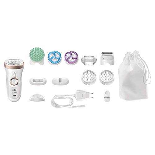 Braun Silk-épil 9 SkinSpa Depiladora Mujer 4 en 1 con Tecnologí­a SensoSmart, Cabezal de Afeitado y Recorte, 12 Accesorios, Uso en Seco y en Mojado, Exfolia y Masajea, Inalámbrica, 9-961V, Blanco/Rosa