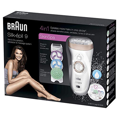 Braun Silk-épil 9 SkinSpa Depiladora Mujer 4 en 1 con Tecnologí­a SensoSmart, Cabezal de Afeitado y Recorte, 12 Accesorios, Uso en Seco y en Mojado, Exfolia y Masajea, Inalámbrica, 9-961V, Blanco/Rosa