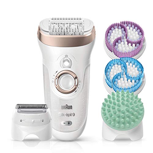 Braun Silk-épil 9 SkinSpa Depiladora Mujer 4 en 1 con Tecnologí­a SensoSmart, Cabezal de Afeitado y Recorte, 12 Accesorios, Uso en Seco y en Mojado, Exfolia y Masajea, Inalámbrica, 9-961V, Blanco/Rosa