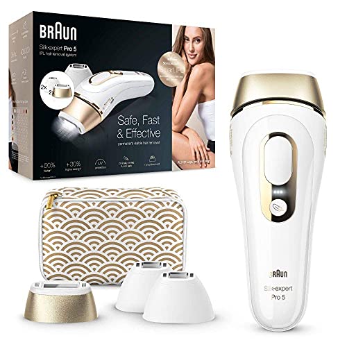 Braun Silk-expert Pro 5 Depiladora Mujer Luz Pulsada IPL con 2 Cabezales Standar y 2 de Precisión, Alternativa a la Depilación Láser en Casa, Regalos Originales para Mujer, PL 5137MN, Blanco/Dorado