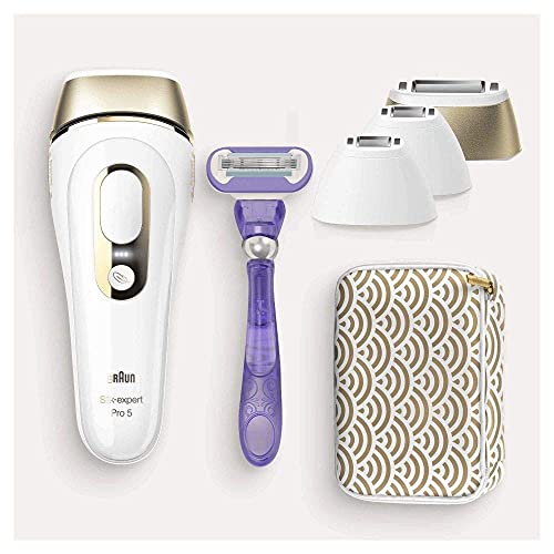 Braun Silk-expert Pro 5 Depiladora Mujer Luz Pulsada IPL con 2 Cabezales Standar y 2 de Precisión, Alternativa a la Depilación Láser en Casa, Regalos Originales para Mujer, PL 5137MN, Blanco/Dorado