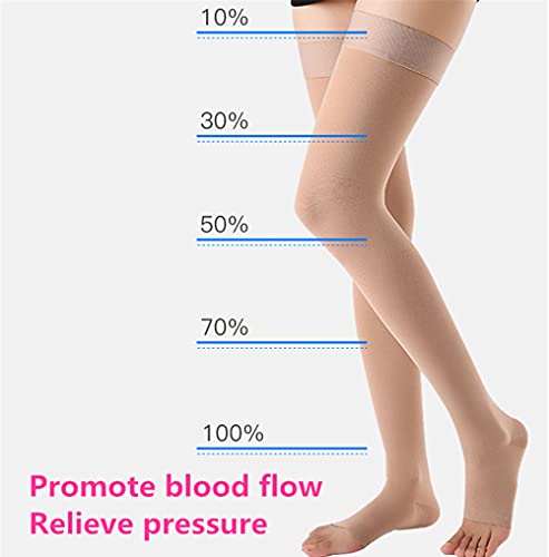 Bueuwe 33-45mmHg Calcetines de compresión para Hombre y Mujer, Punta Abierta Medias de compresión hasta el Muslo, Mangas para la hinchazón de Venas varicosas,Flesh,M