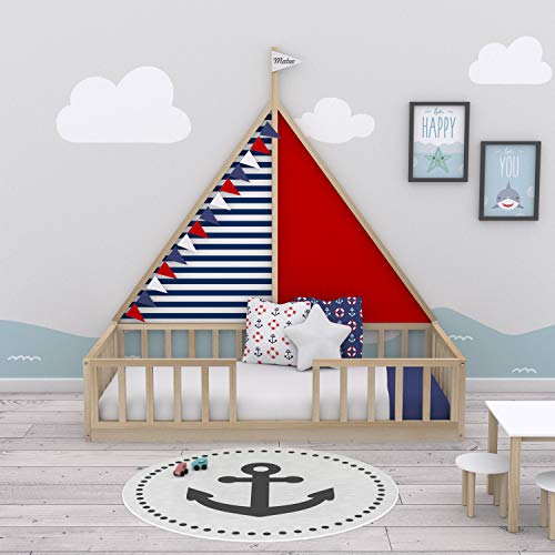 Cama Infantil Barco Tipo Montessori, con Somier y Barrera Barandilla, en Madera Natural, 90 x190 cm