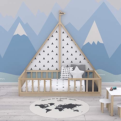 Cama Infantil Barco Tipo Montessori, con Somier y Barrera Barandilla, en Madera Natural, 90 x190 cm