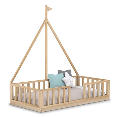 Cama Infantil Barco Tipo Montessori, con Somier y Barrera Barandilla, en Madera Natural, 90 x190 cm