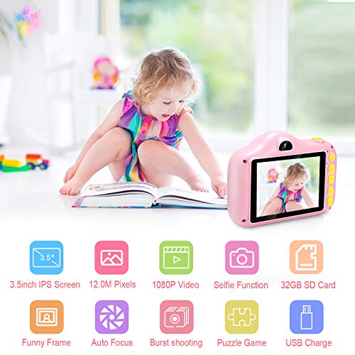 Cámara para Niños Infantil Cámara de Fotos Digital Cámara Juguete para Niños 3.5 Pulgadas 12MP 1080P HD Selfie Video Cámara Regalos Ideales para Niños Niñas de 3-10 Años con Tarjeta TF 32 GB (polvo)