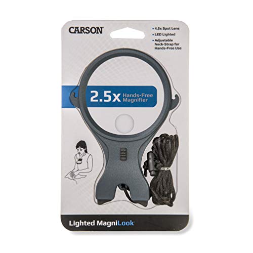 Carson MagniLook Lupa Compacta Manos-Libres con Luz LED, Aumento de 2.5X y Lente Spot de 4.5X, con Cordón para el Cuello