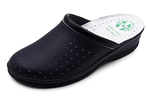 Chanclas sanitarias anatómicas para hombre y mujer, zapatillas ortopédicas cómodas con empeine de auténtica piel perforada, fabricadas en Italia, Azul para mujer., 38 EU