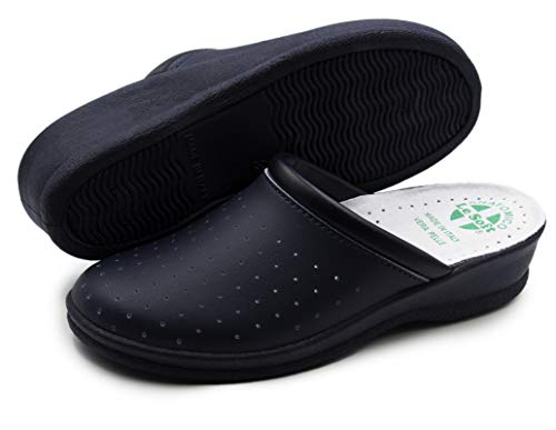 Chanclas sanitarias anatómicas para hombre y mujer, zapatillas ortopédicas cómodas con empeine de auténtica piel perforada, fabricadas en Italia, Azul para mujer., 38 EU