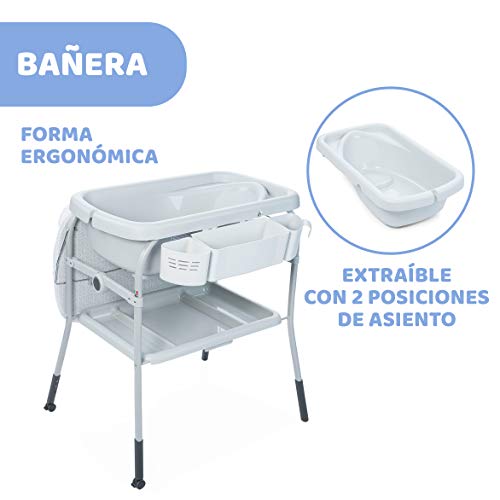 Chicco Cuddle & Bubble Bañera Bebé Ergonómica con Patas y Cambiador con Acolchado y Suave Reductor, Altura Regulable, Cierre Compacto, Organizador, 2 Ruedas, Máx. 11 Kg - Color Gris (Dots)