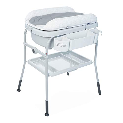 Chicco Cuddle & Bubble Bañera Bebé Ergonómica con Patas y Cambiador con Acolchado y Suave Reductor, Altura Regulable, Cierre Compacto, Organizador, 2 Ruedas, Máx. 11 Kg - Color Gris (Dots)