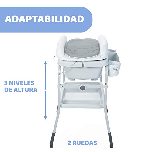 Chicco Cuddle & Bubble Bañera Bebé Ergonómica con Patas y Cambiador con Acolchado y Suave Reductor, Altura Regulable, Cierre Compacto, Organizador, 2 Ruedas, Máx. 11 Kg - Color Gris (Dots)