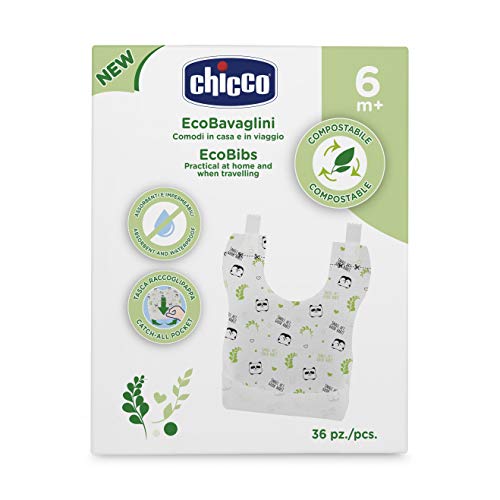 Chicco EcoBaberos, Baberos Biodegradables de Un Solo Uso, Baberos Impermeables, Ecológicos, Absorbentes y Desechables – Baberos para Casa o los Viajes, Aptos para Niños y Bebés de +6 Meses