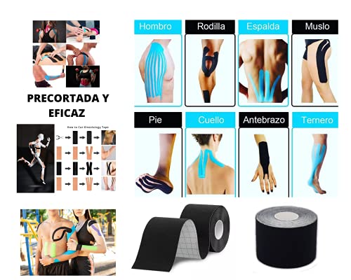 Cinta Kinesiologica - Kinesio Tape - Venda Neuromuscular Adhesiva - Alivio Dolor Muscular - Impermeable - Elástica - Vendaje Kinesiológico - Rollo 5x5 cm (Negro)