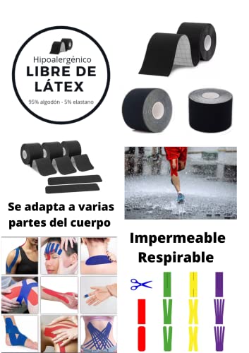 Cinta Kinesiologica - Kinesio Tape - Venda Neuromuscular Adhesiva - Alivio Dolor Muscular - Impermeable - Elástica - Vendaje Kinesiológico - Rollo 5x5 cm (Negro)