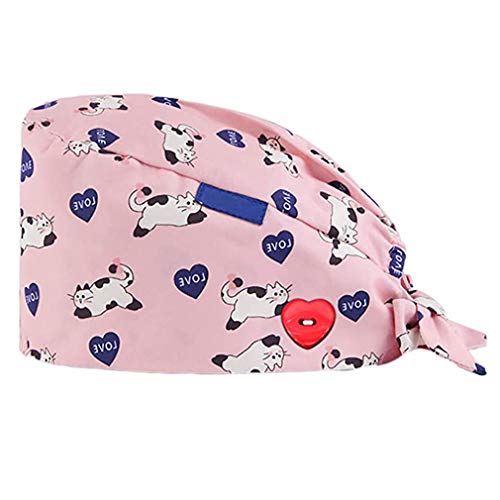 Cloudkids Sombrero Enfermera Estampado Unisex Ajustable Robin Hat Sombrero Quirofano Reutilizable Dentista Gorro para Pelo Largo Corto Gorro de Trabajo Algodón (Gato Rosa)