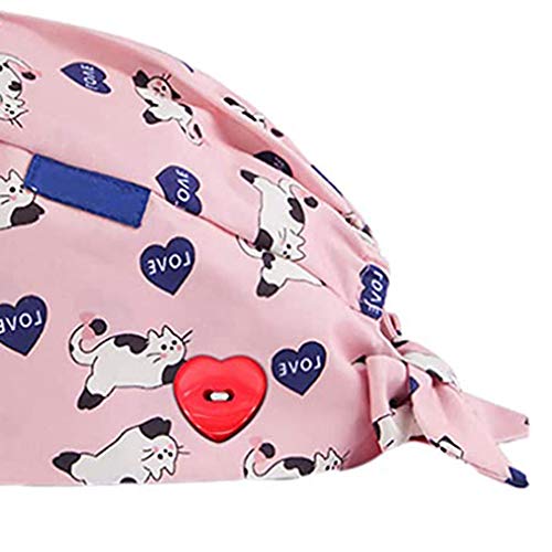 Cloudkids Sombrero Enfermera Estampado Unisex Ajustable Robin Hat Sombrero Quirofano Reutilizable Dentista Gorro para Pelo Largo Corto Gorro de Trabajo Algodón (Gato Rosa)