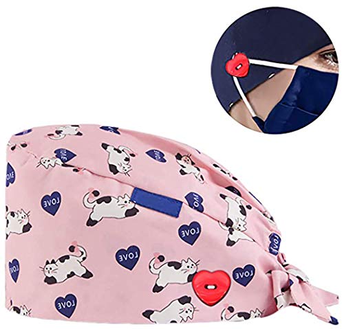 Cloudkids Sombrero Enfermera Estampado Unisex Ajustable Robin Hat Sombrero Quirofano Reutilizable Dentista Gorro para Pelo Largo Corto Gorro de Trabajo Algodón (Gato Rosa)