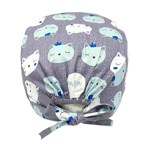 Cloudkids Sombrero Enfermera Unisex Ajustable Robin Hat Estampado Animal Sombrero Quirofano Reutilizable Dentista Gorro Gorro de Trabajo Algodón para Pelo Largo Corto (Gato)