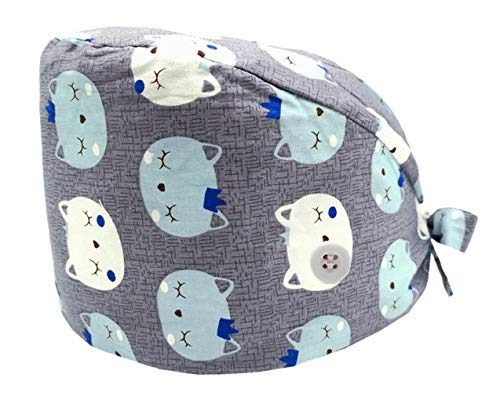 Cloudkids Sombrero Enfermera Unisex Ajustable Robin Hat Estampado Animal Sombrero Quirofano Reutilizable Dentista Gorro Gorro de Trabajo Algodón para Pelo Largo Corto (Gato)