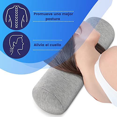 Cojín Cervical de Soporte con Funda de Bambú Oeko-Tex Cojín Cilíndrico Ultra DYNMC YOU - con Núcleo de Espuma de Memoria, Cojín de Cuello, Cojín Lumbar y Cojín de Rodillas, Gris