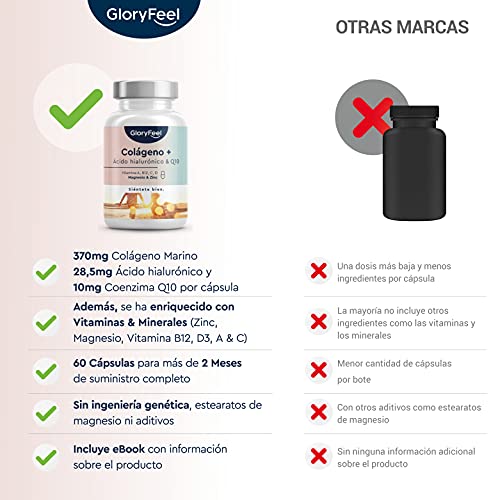 Colágeno Marino Hidrolizado + Ácido hialurónico + Coenzima Q10 + Magnesio + Zinc + Vitaminas A, C, D y B12 - Articulaciones Fuertes, Piel Tersa y Energía - 60 cápsulas (Suministro para 2 meses)