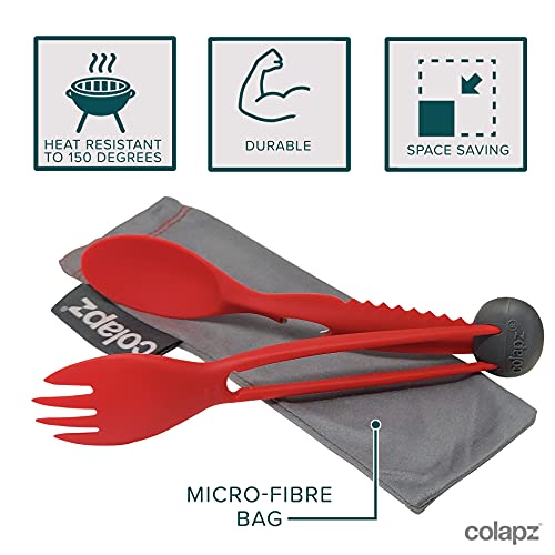 Colapz 7in1 Cubiertos Camping - Camping Accesorios - Kit Supervivencia - Herramienta Multiusos - Menaje Camping - Rojo