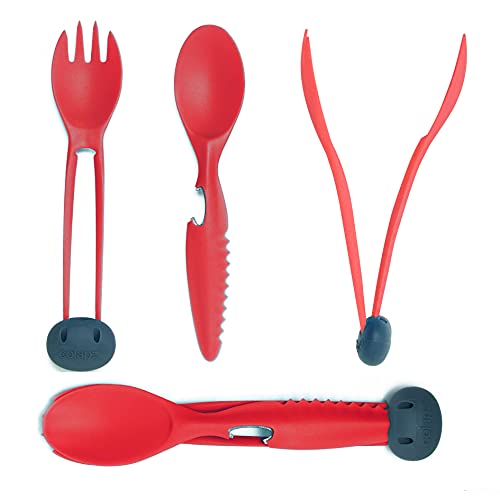 Colapz 7in1 Cubiertos Camping - Camping Accesorios - Kit Supervivencia - Herramienta Multiusos - Menaje Camping - Rojo