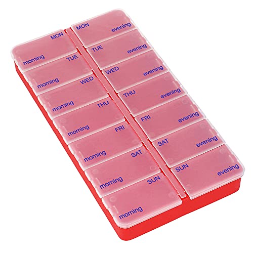 com-four® 2X Dosificador de medicamentos en INGLÉS - Caja de medicamentos para 7 días - Pastillero - Caja de Pastillas - Dosificador semanal para Almacenamiento [INGLÉS] (Azul Oscuro/Rojo)