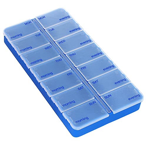 com-four® 2X Dosificador de medicamentos en INGLÉS - Caja de medicamentos para 7 días - Pastillero - Caja de Pastillas - Dosificador semanal para Almacenamiento [INGLÉS] (Azul Oscuro/Rojo)