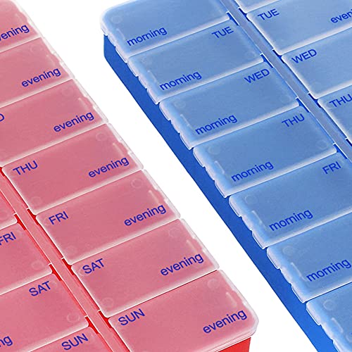 com-four® 2X Dosificador de medicamentos en INGLÉS - Caja de medicamentos para 7 días - Pastillero - Caja de Pastillas - Dosificador semanal para Almacenamiento [INGLÉS] (Azul Oscuro/Rojo)