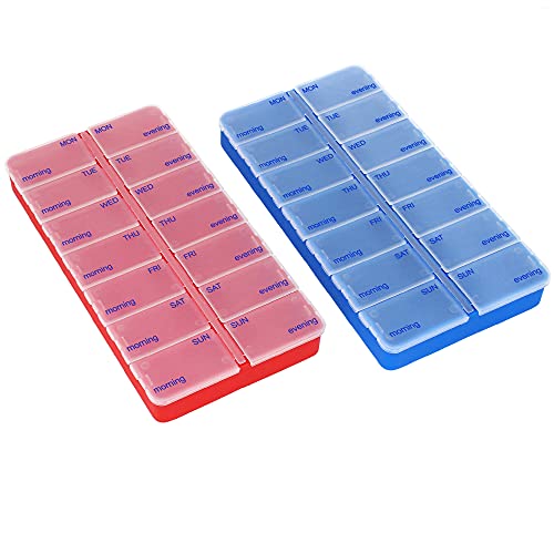 com-four® 2X Dosificador de medicamentos en INGLÉS - Caja de medicamentos para 7 días - Pastillero - Caja de Pastillas - Dosificador semanal para Almacenamiento [INGLÉS] (Azul Oscuro/Rojo)