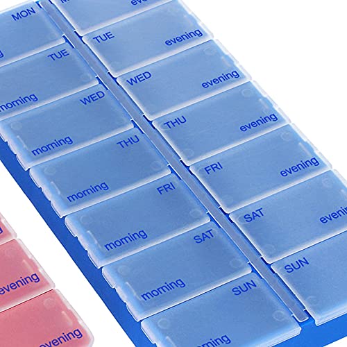 com-four® 2X Dosificador de medicamentos en INGLÉS - Caja de medicamentos para 7 días - Pastillero - Caja de Pastillas - Dosificador semanal para Almacenamiento [INGLÉS] (Azul Oscuro/Rojo)