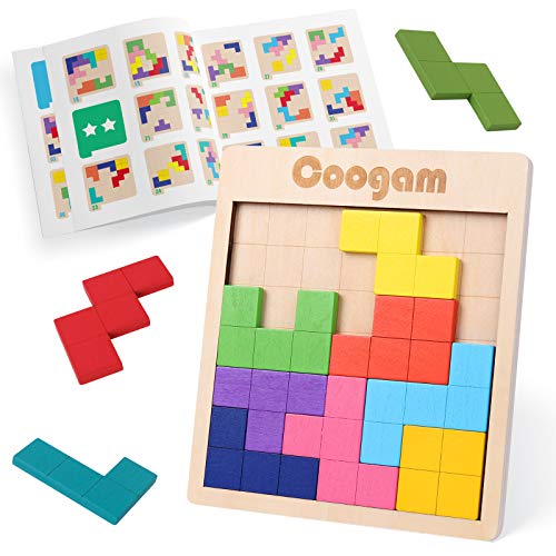 Coogam - Juego de Rompecabezas de Madera con diseño de Tangram con 60 desafíos, Rompecabezas de Madera con Forma de Juguete de construcción Rusa en 3D, Montessori Stem