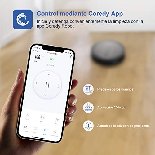 Coredy R750 Robot Aspirador y Fregasuelos 3 en 1, Wi-Fi, Compatible con Alexa y Google Home, Potente aspiración de 1600Pa, Ultrafino, silencioso, Barre, aspira y friega para Suelos Duros y Alfombras