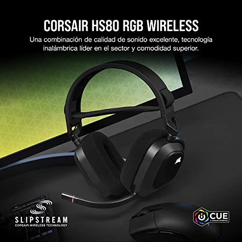 Corsair HS80 RGB WIRELESS Auriculares Premium para Juegos con Dolby Atmos Audio (Baja Latencia, Micrófono Omnidireccional, 18m Alcance, Hasta 20 Horas Autonomía, Compatibilidad PS5/PS4) Carbón