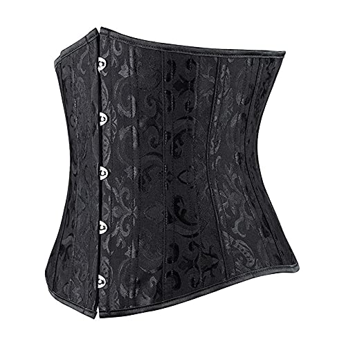 Corset Corsé Mujer Mujeres Góticas Sexy Satén Jacquard Floral Underbust Corset Body Shaper Abdomen Cintura Clip Xs-6Xl-Black_XS