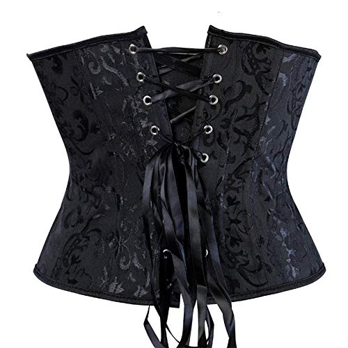 Corset Corsé Mujer Mujeres Góticas Sexy Satén Jacquard Floral Underbust Corset Body Shaper Abdomen Cintura Clip Xs-6Xl-Black_XS