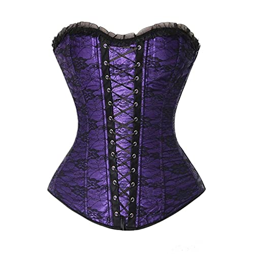 Corset Corsé Mujer Mujeres Satén Encaje Palacio Corte Fajas Sexy Cremallera Lateral Corsé sobre El Busto Top-Purple_6XL