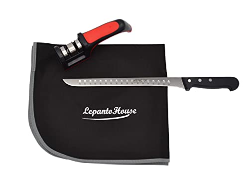 Cuchillo Jamonero Alveolado Arcos + Afilador Arcos + Cubre jamón lepantohouse. Set de Corte para Todo Tipo de Jamón