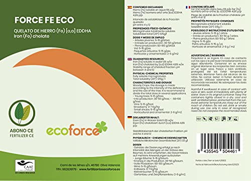 CULTIVERS Quelato de Hierro Fertilizante Ecológico de 1 Kg. Reverdeciente anticlorosis. Nutriente Fundamental para Las Plantas (6% Fe-EDDHA orto orto 4,8 % ). Force Fe, Verde