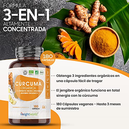 Cúrcuma Orgánica de 1520 mg con Jengibre y Pimienta Negra 180 Cápsulas Veganas - Cúrcuma en Cápsulas Natural Alta Resistencia y Absorción Fuente de Curcumina y Piperina, Ingredientes de Origen Natural