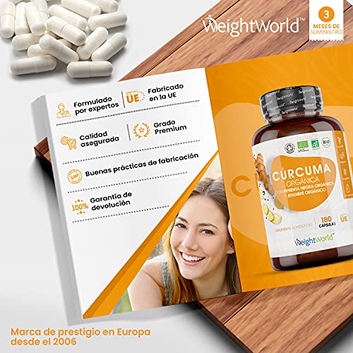 Cúrcuma Orgánica de 1520 mg con Jengibre y Pimienta Negra 180 Cápsulas Veganas - Cúrcuma en Cápsulas Natural Alta Resistencia y Absorción Fuente de Curcumina y Piperina, Ingredientes de Origen Natural