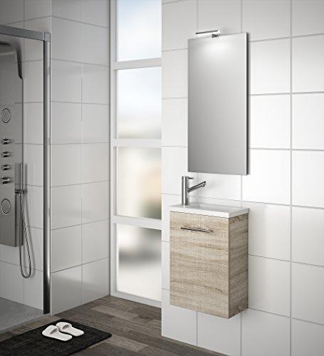 Cygnus Bath Mini Mueble lavamanos de baño, suspendido, con 1 Puerta de Cierre amortiguado, Roble Claro, 40.0x22.0x48.0 cm