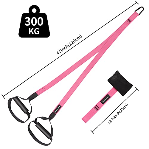 DAKCOS Entrenamiento en Suspensión entrenador de fuerza con anclaje de puerta entrenador de suspensión en casa entrenamiento de cuerpo completo; hasta 300 kg,Rosa,La longitud no es ajustable