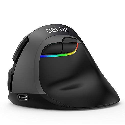 DELUX Ratón vertical inalámbrico, ergonómico con BT 4.0 y 2.4G inalámbrico, batería recargable incorporada, diseño silencioso, 6 botones y 4 niveles de ppp, ratón óptico de PC con luz RGB