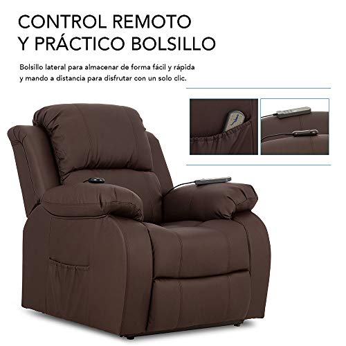 Descanso ENKASA Sillón Relax Eléctrico Levanta Personas Trevi Choco con Reclinación 160º, 10 Programas, Temporizador, Calor Lumbar, Sist. Masaje 4 Zonas y Acabado PU [Incluye Mando].Ideal Gente Mayor