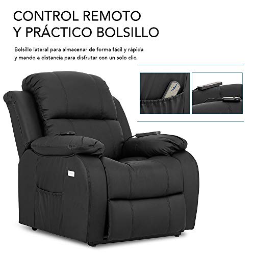 Descanso ENKASA Sillón Relax Eléctrico Levanta Personas Trevi Negro con Reclinación 160º, 10 Programas, Temporizador, Calor Lumbar, Sist. Masaje 4 Zonas y Acabado PU [Incluye Mando].Ideal Gente Mayor